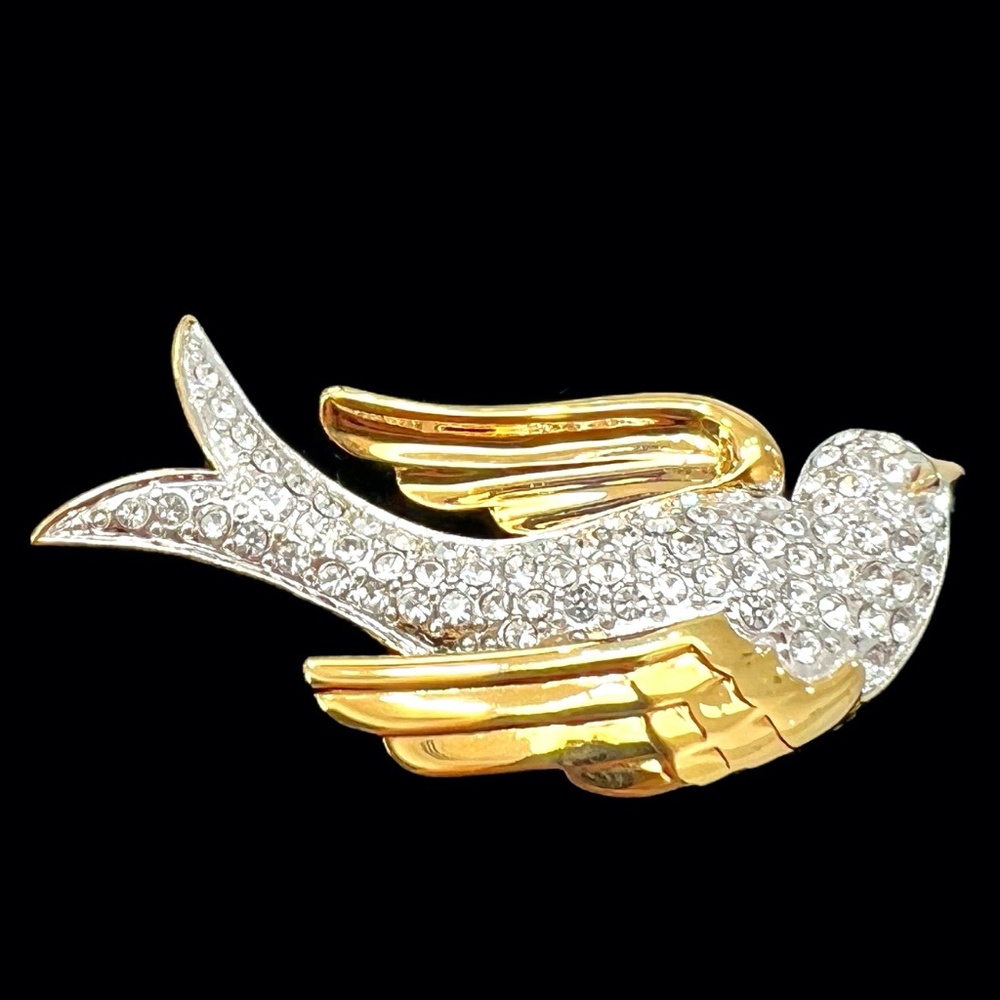 VINTAGE NOLAN MILLER BIRD IN FLIGHT GOLD & PAVE CRYSTAL BROOCH
